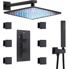  ENGA - Juego de alcachofa de ducha y válvula mezcladora termostática de 12 pulgadas y 6 pulverizadores de cuerpo de masaje y alcachofa de ducha de mano 