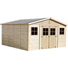 TIMBELA Cobertizo de Madera para jardín con Base - 418x420cm/16m2 Cobertizo de Madera Natural - Taller de Jardín - Bicicleta, Almacenamiento de Herramientas M330+M330G TIMBELA Cobertizo de Madera para jardín con Base - 418x420cm/16m2 Cobertizo de Madera Natural - Taller de Jardín - Bicicleta, Almacenamiento de Herramientas M330+M330G